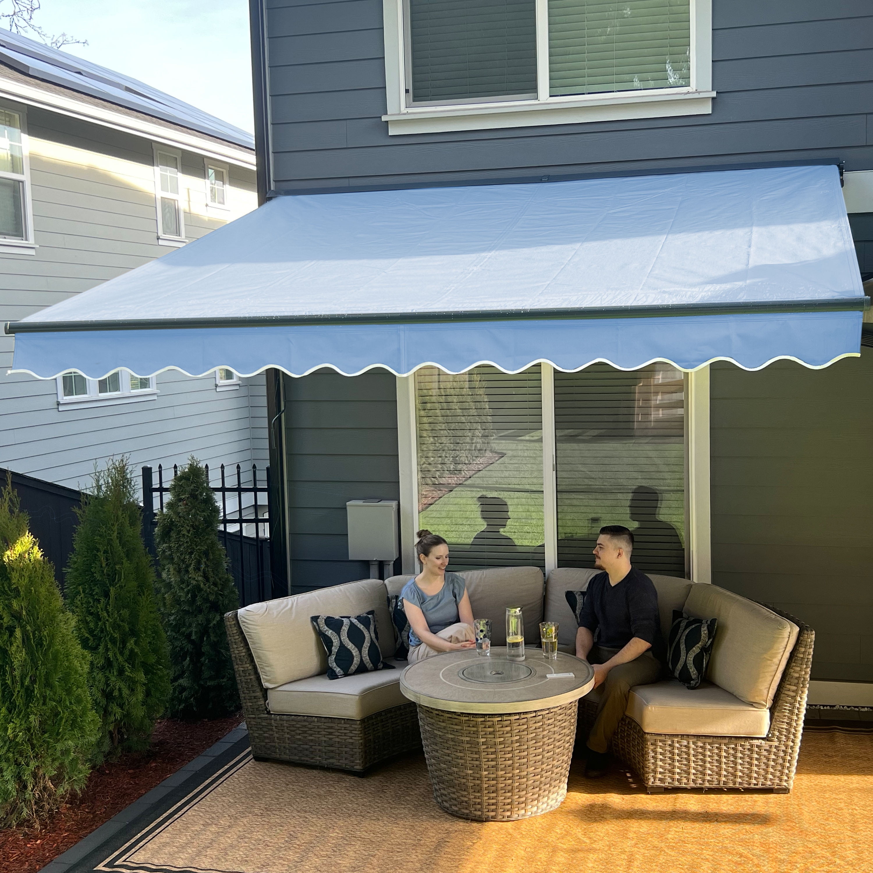 Sky Blue Manual Retractable Patio Awning with Black Frame