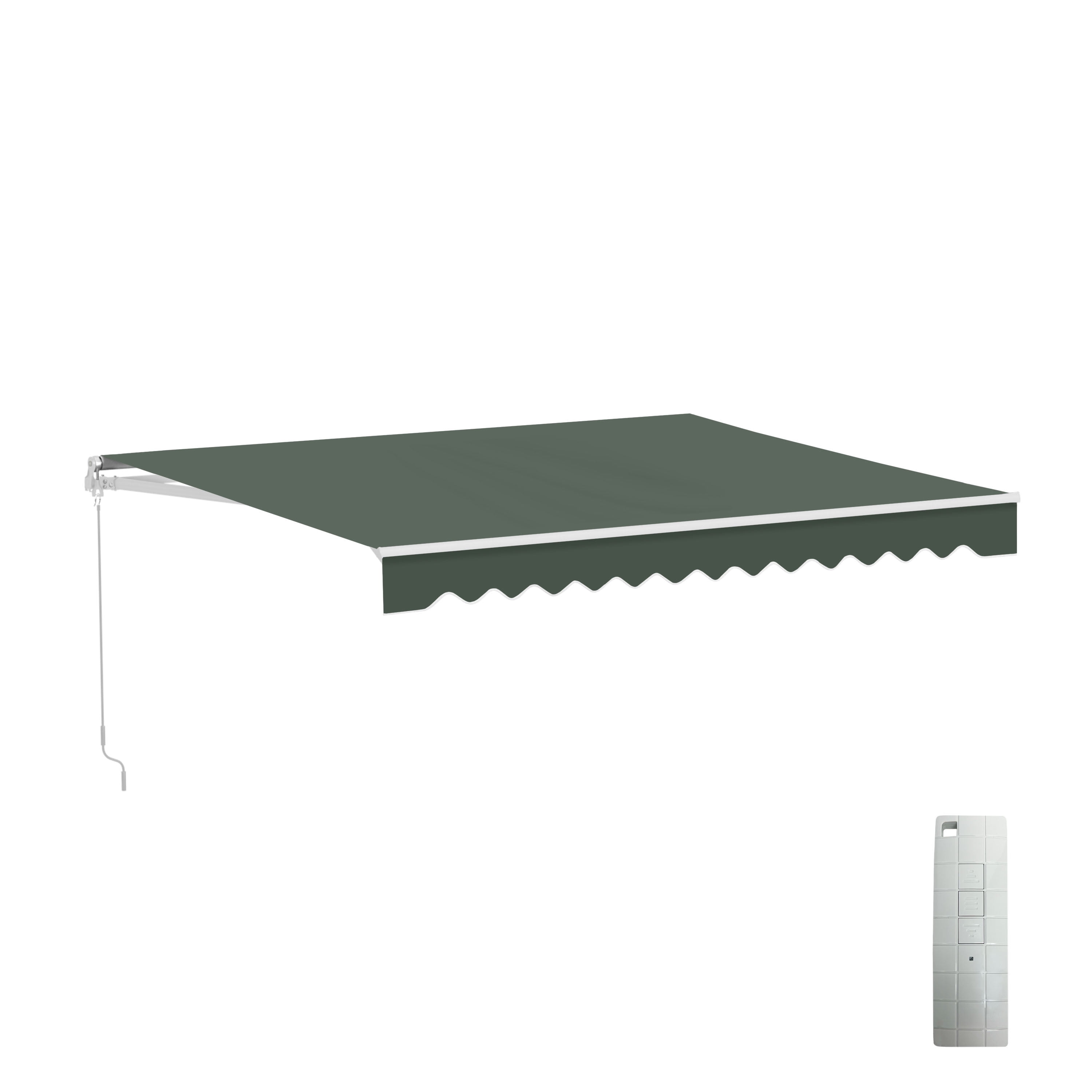 Aleko Motorized Retractable White Frame Patio Awning 12' x 10', Forest Green, Caribbean Collection