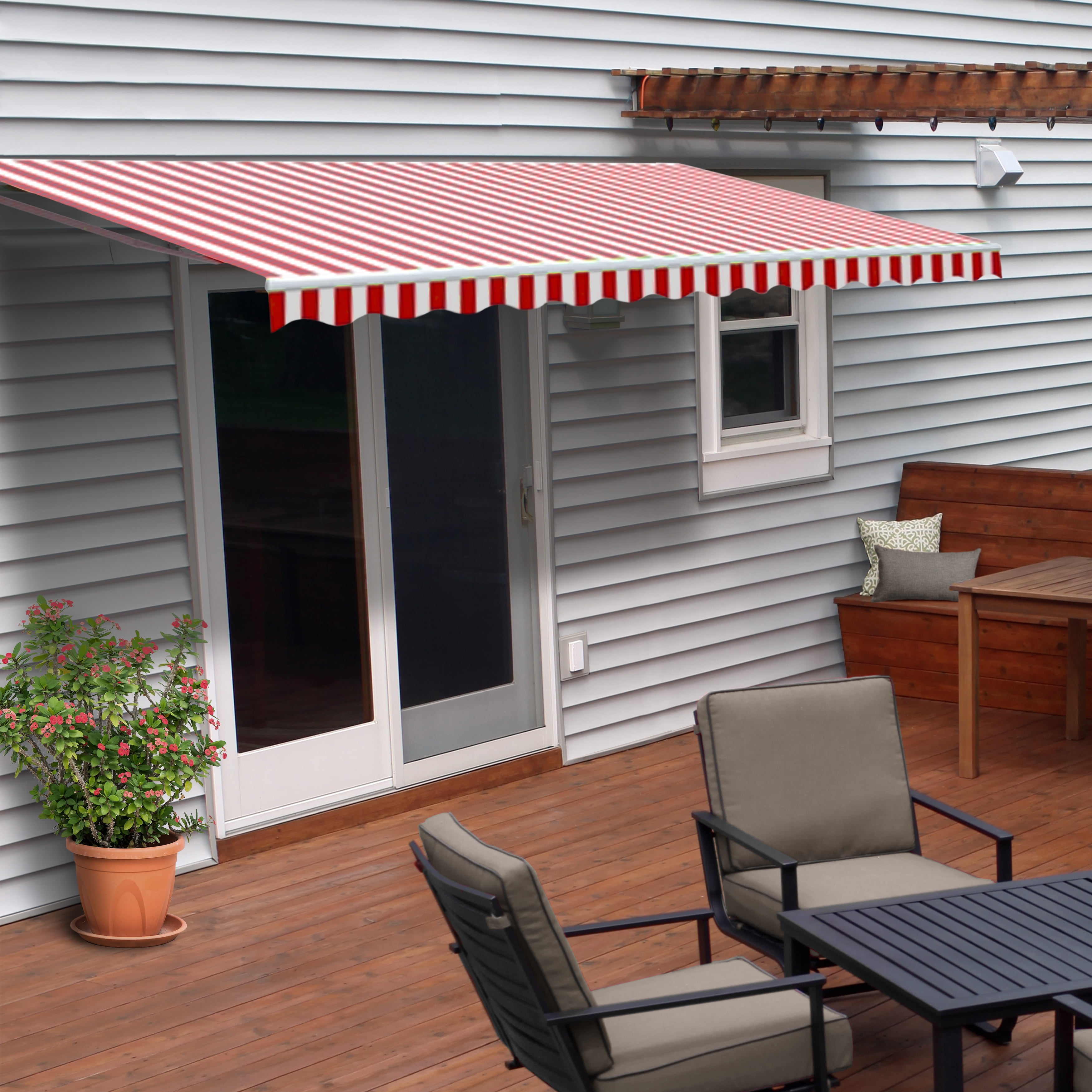 ALEKO Motorized Retractable Red and White Striped Patio Awning
