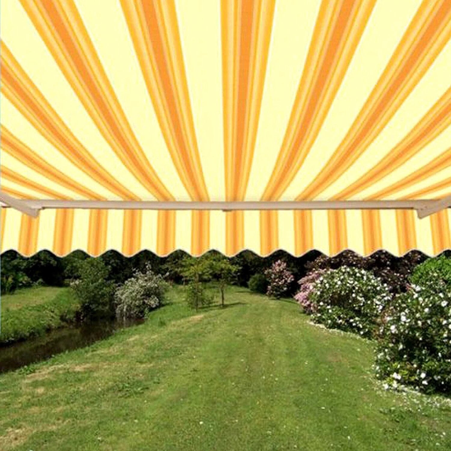 Motorized Retractable Striped Yellow and Beige Patio Awning