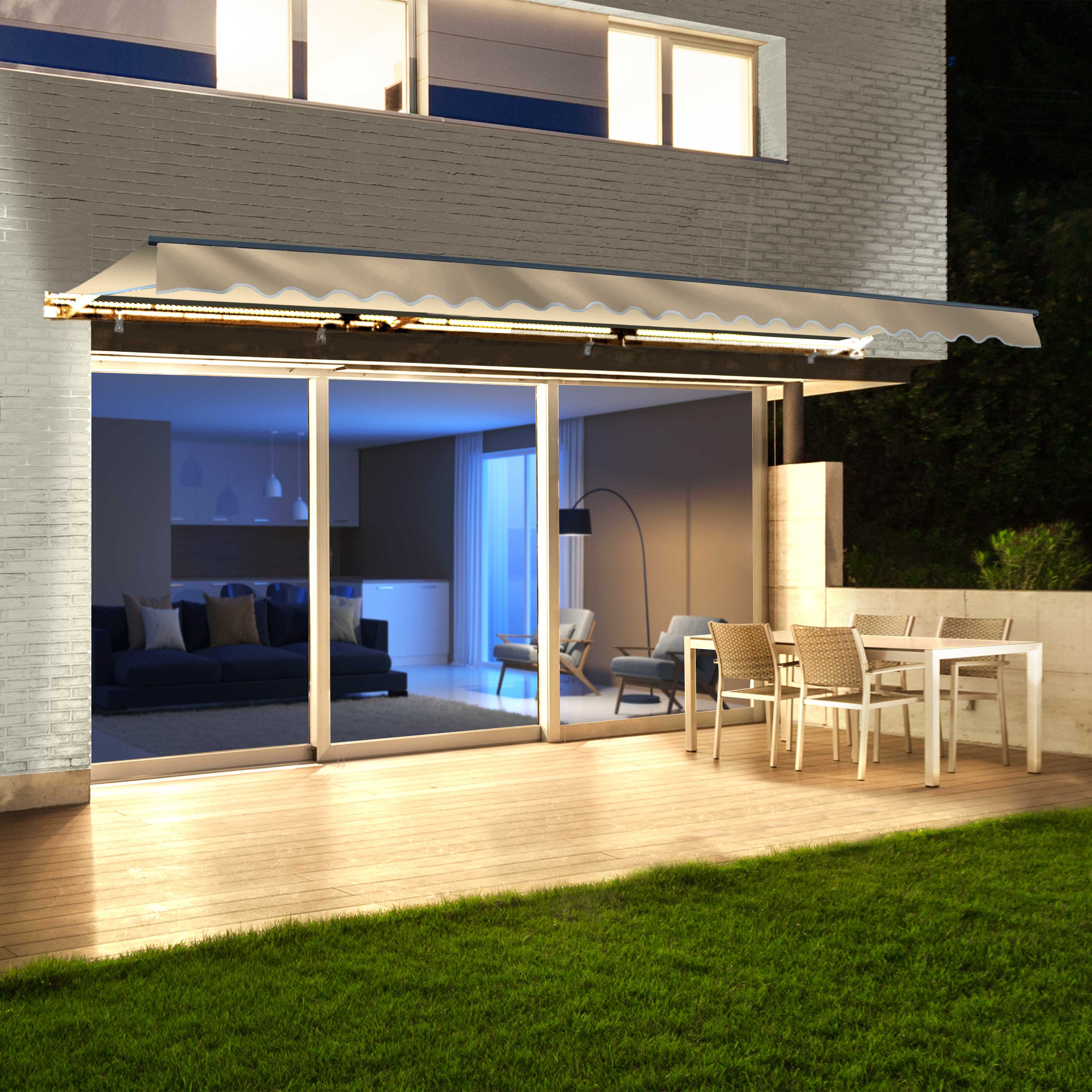 ALEKO Semi-Cassette Motorized Patio Awning with LED Lights - 13 x 10 Feet - Ivory