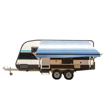 ALEKO Motorized Retractable RV Awning 10X8 ft Camping Vinyl Canopy Blue Stripes