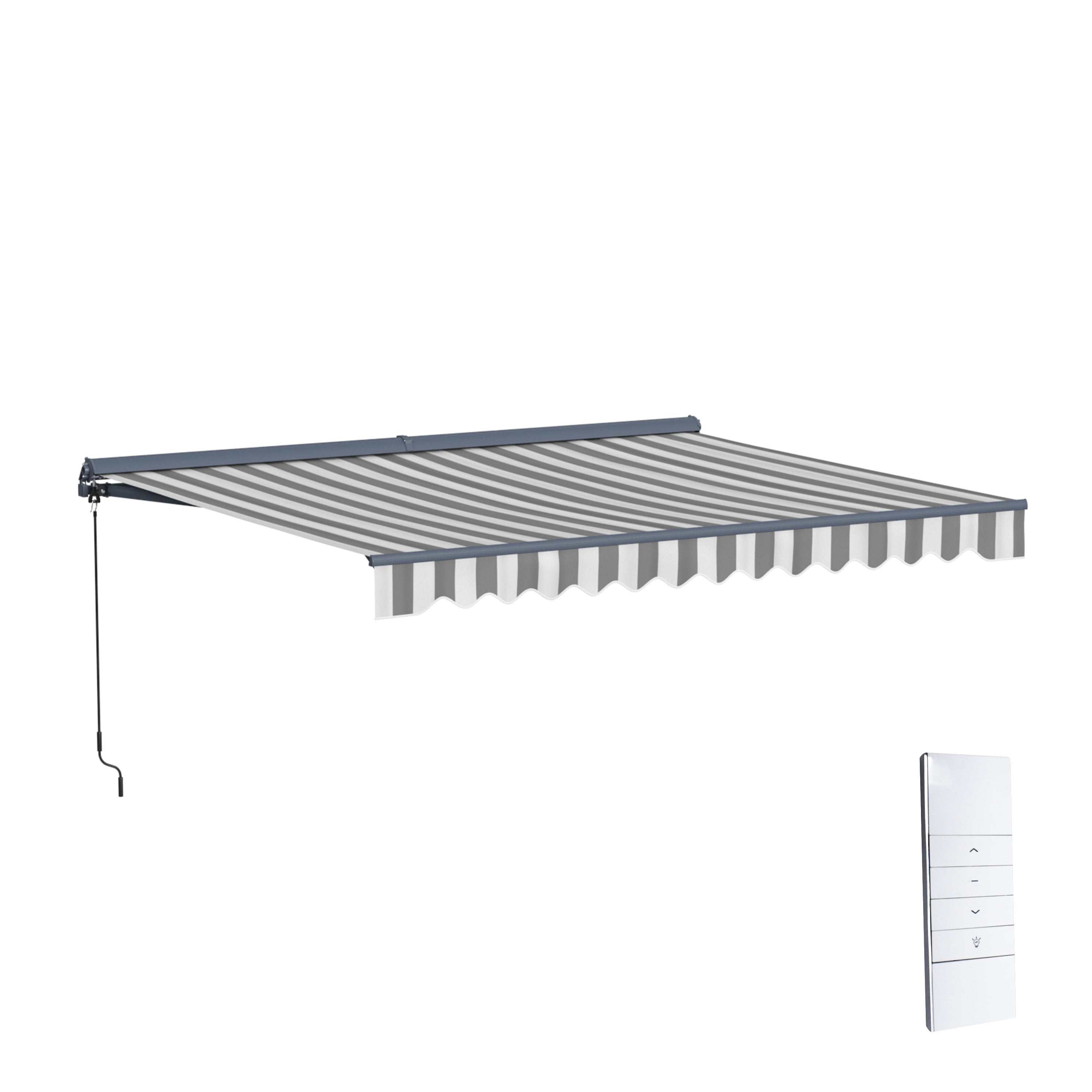 Striped Gray and White Motorized Patio Awning with LED Lights