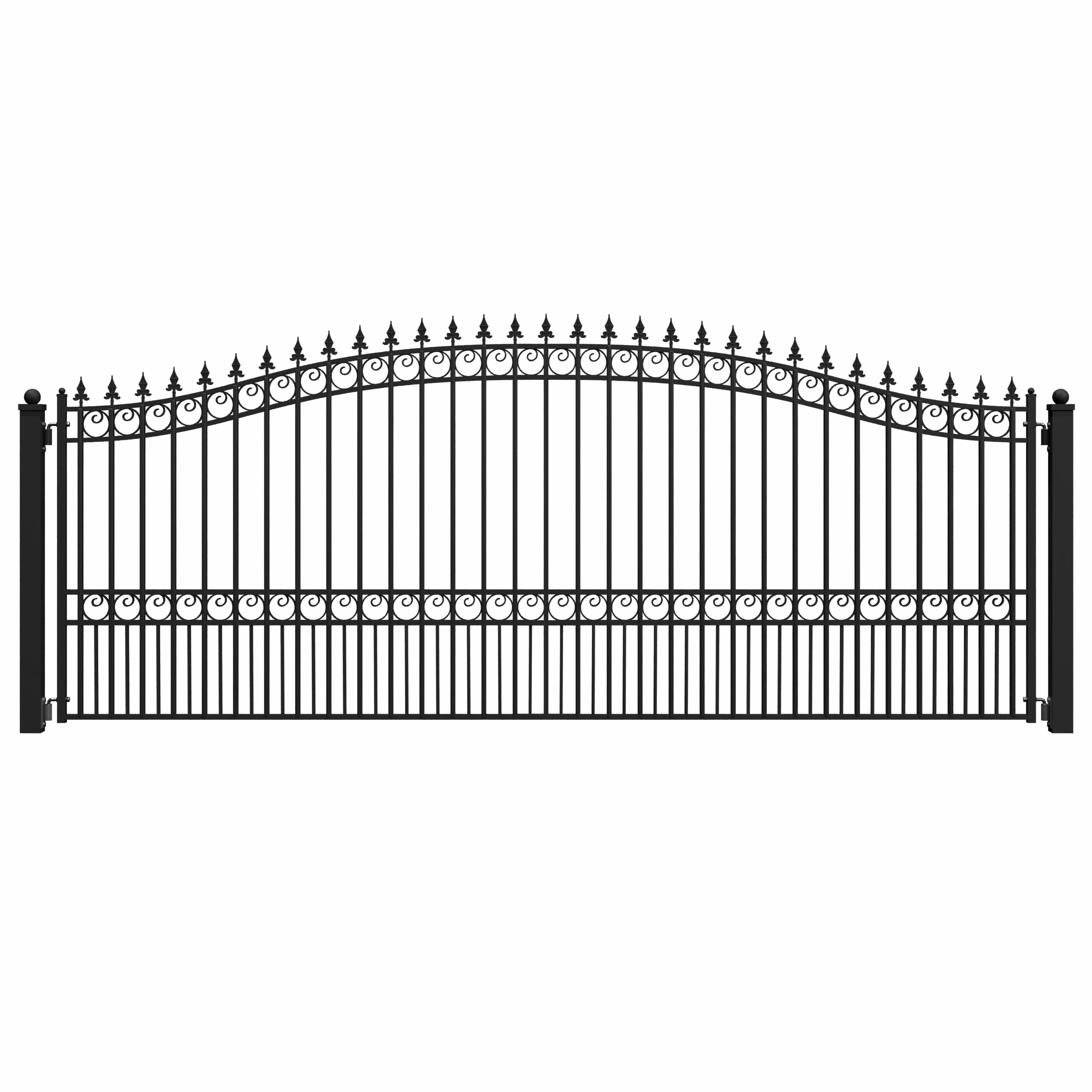 London Style Black Steel Arched Driveway Gate with Pointed Pickets