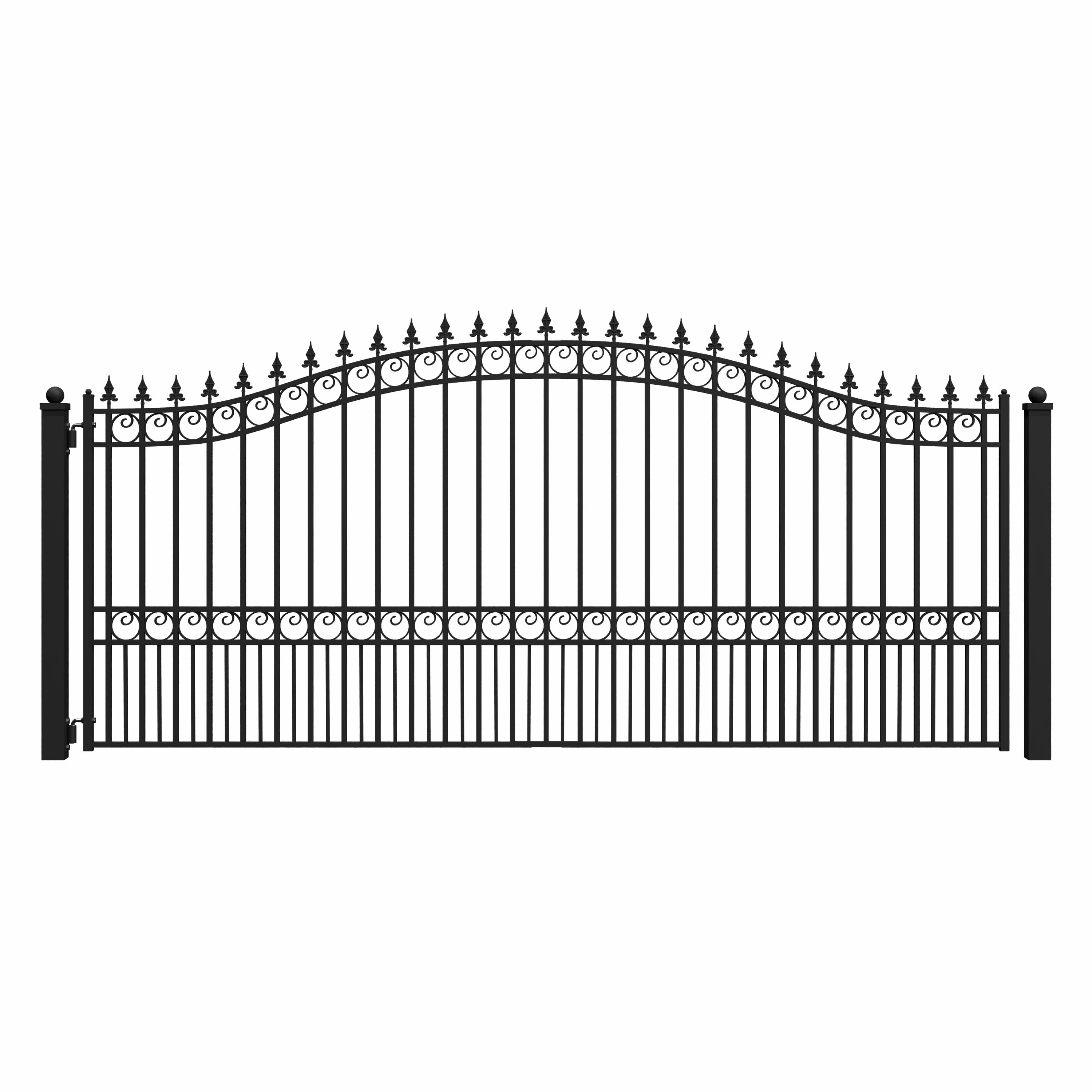 Black Steel Arched Ornamental Driveway Gate with Pointed Pickets