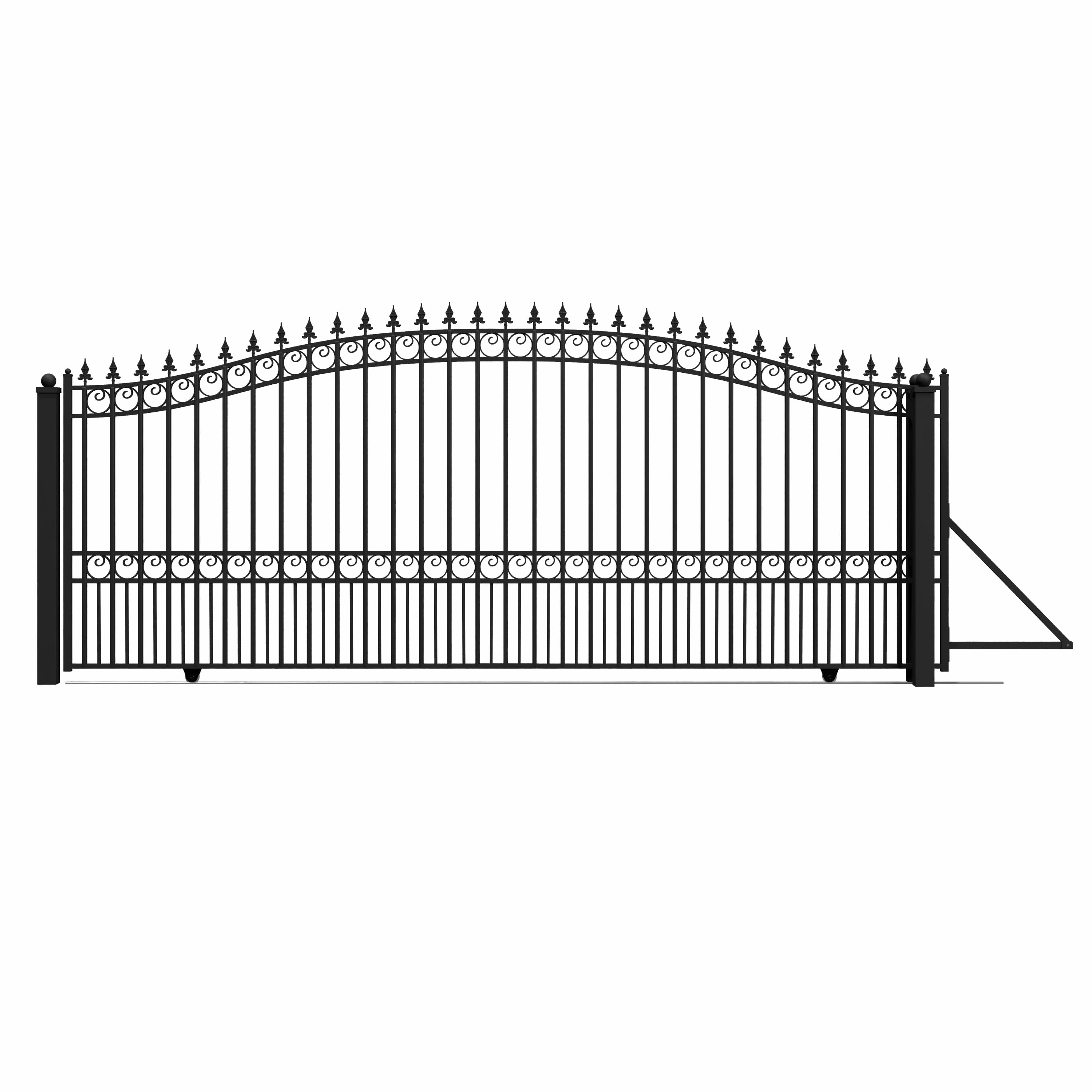 Black Steel Arched Sliding Driveway Gate with Pointed Pickets