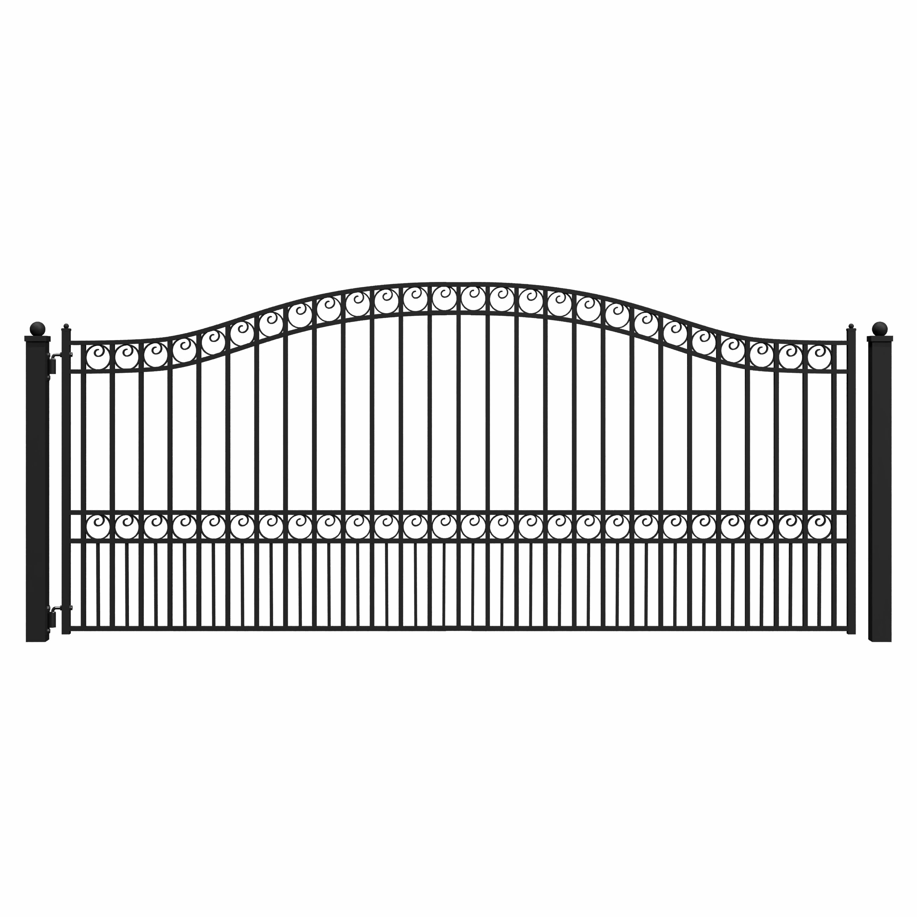 Black Steel Arched Driveway Gate with Ornamental Design