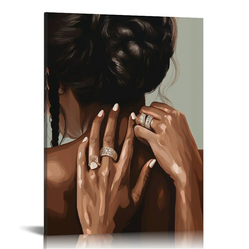 3-Piece Black Couple Canvas Wall Art – Holding Hands Heart Love Prints, Afro Women & Men, 12x16in
