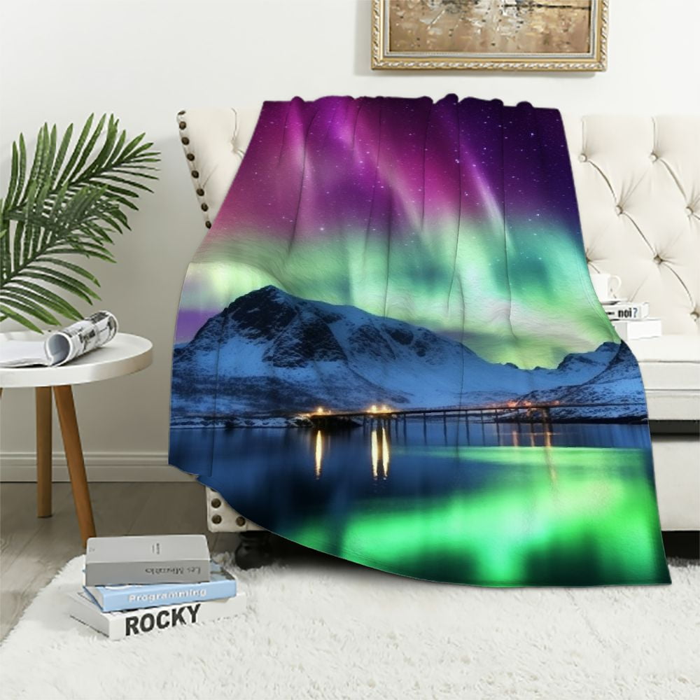 ALEPADNF Aurora Borealis Mountain Range Bridge Print Throw Blanket for