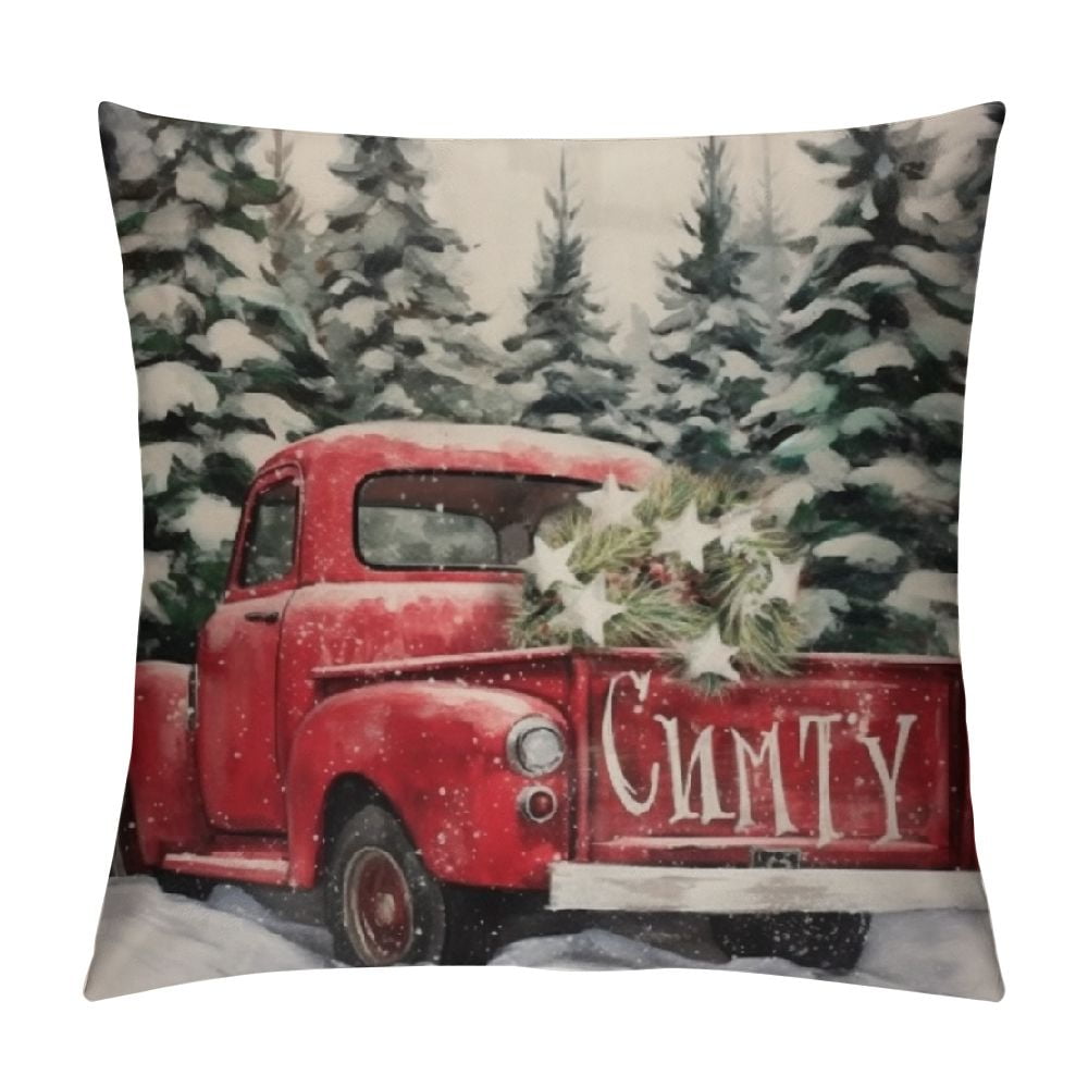 ALEPADNF Farmhouse Christmas Decorative Pillow Cover Red Snow Truck