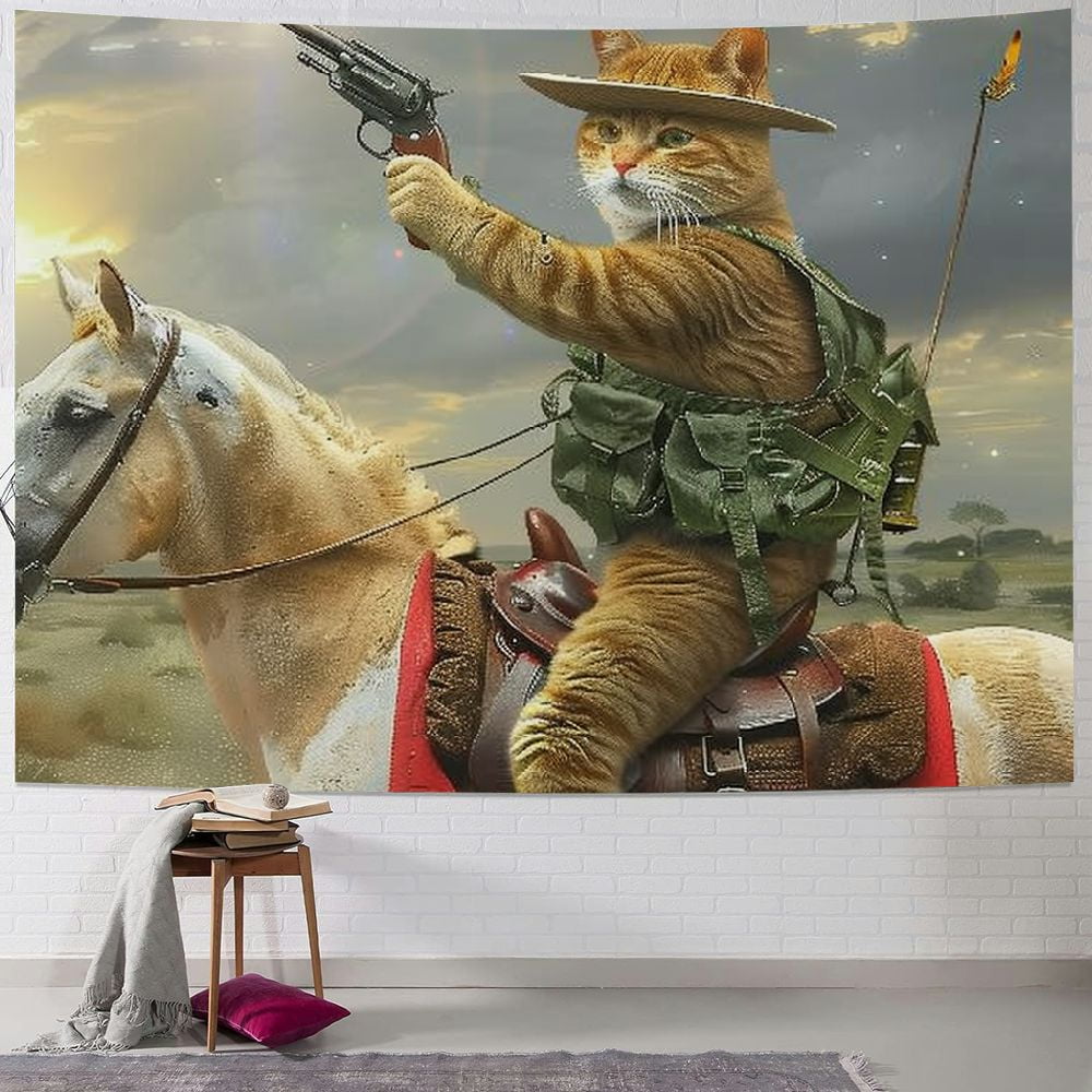ALEPADNF Funny Animals Tapestry, Cat Cowboy with Rifle Rides A Horse on