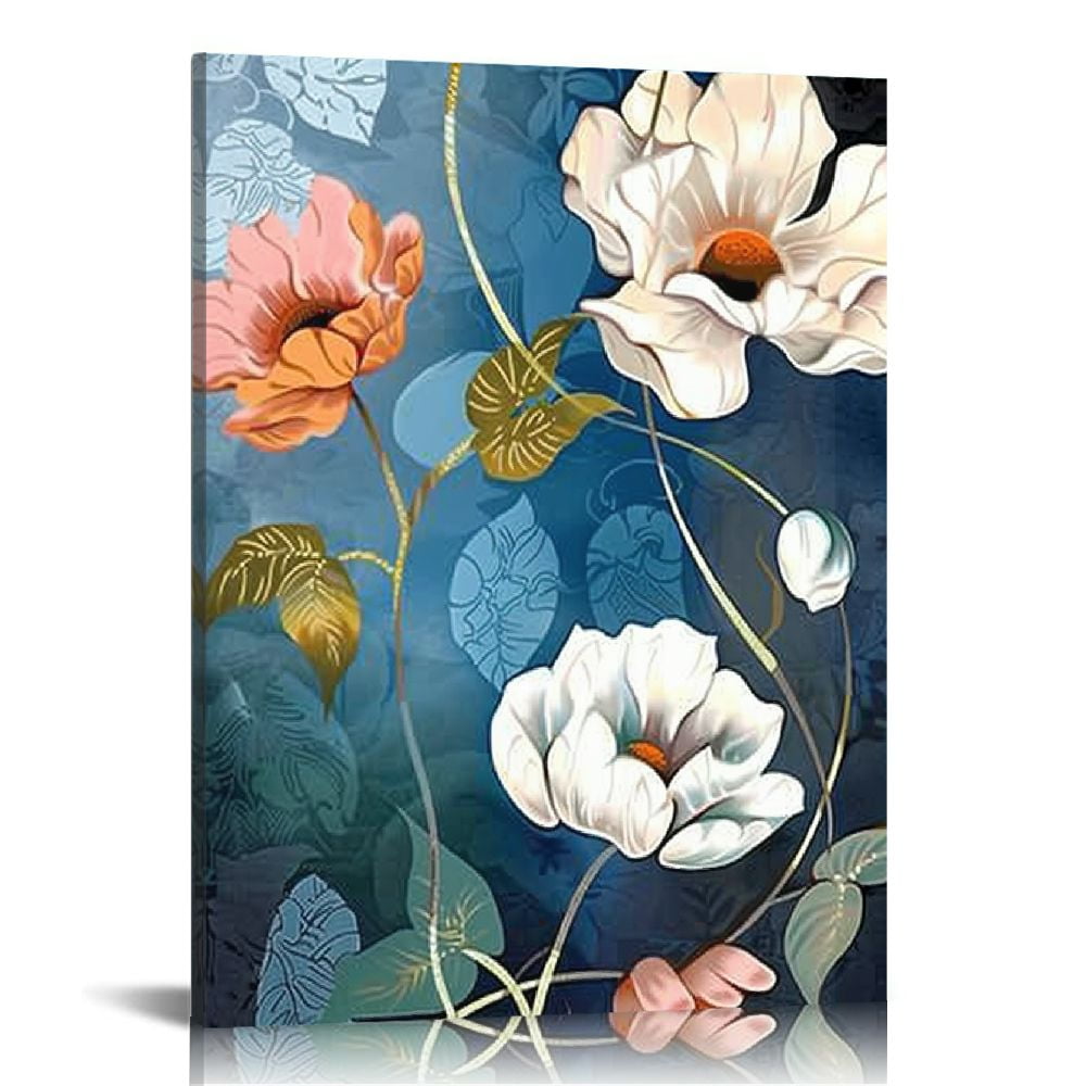 ALEPADNF Lotus Flower Canvas Wall Art for Living Room White and Indigo ...