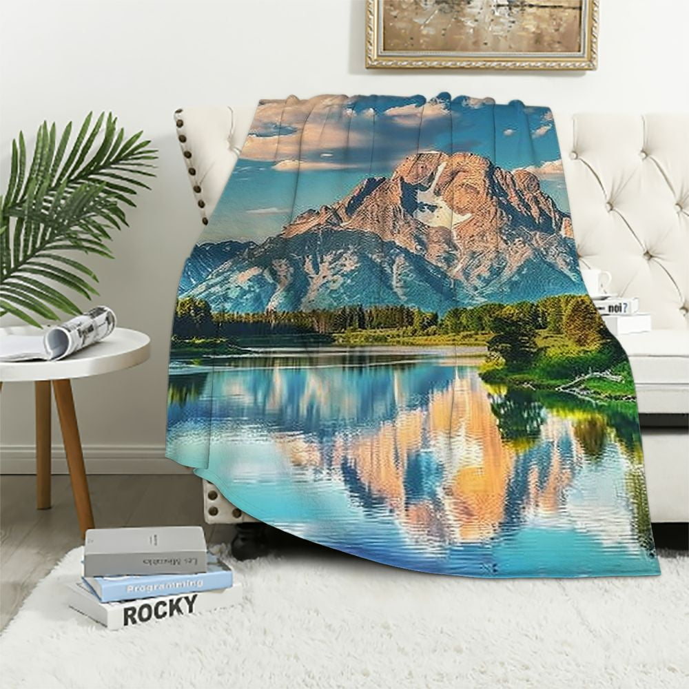 ALEPADNF Mountain Lake Forest Print Flannel Throw Blanket for Bed Couch