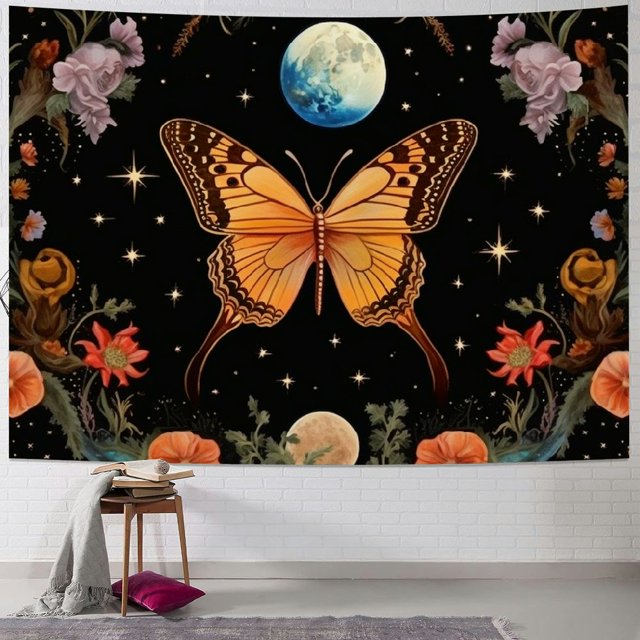 ALEPADNF Orange Butterfly Moon Flower Tapestry Botanical Floral Plant