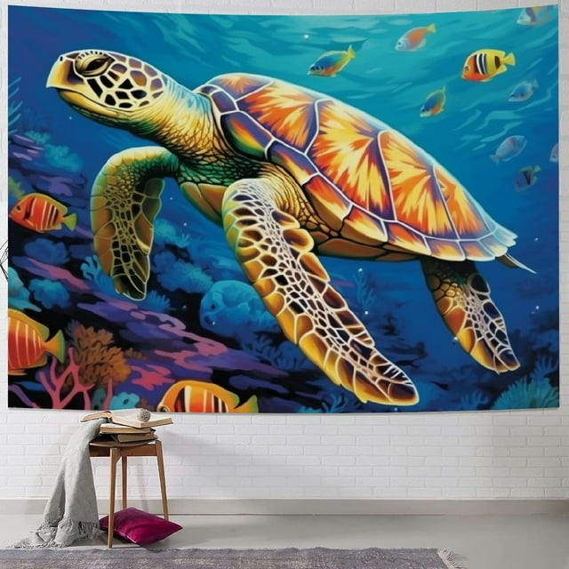ALEPADNF Sea Turtle Tapestry Colorful Tropical Fish Coral Underwater