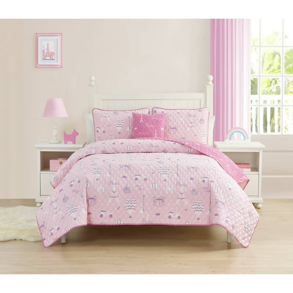 ALEX + BELLA Dream of Paris Pink 3PC Cotton Quilt Bedding Set, Twin Bedspread Lightweight
