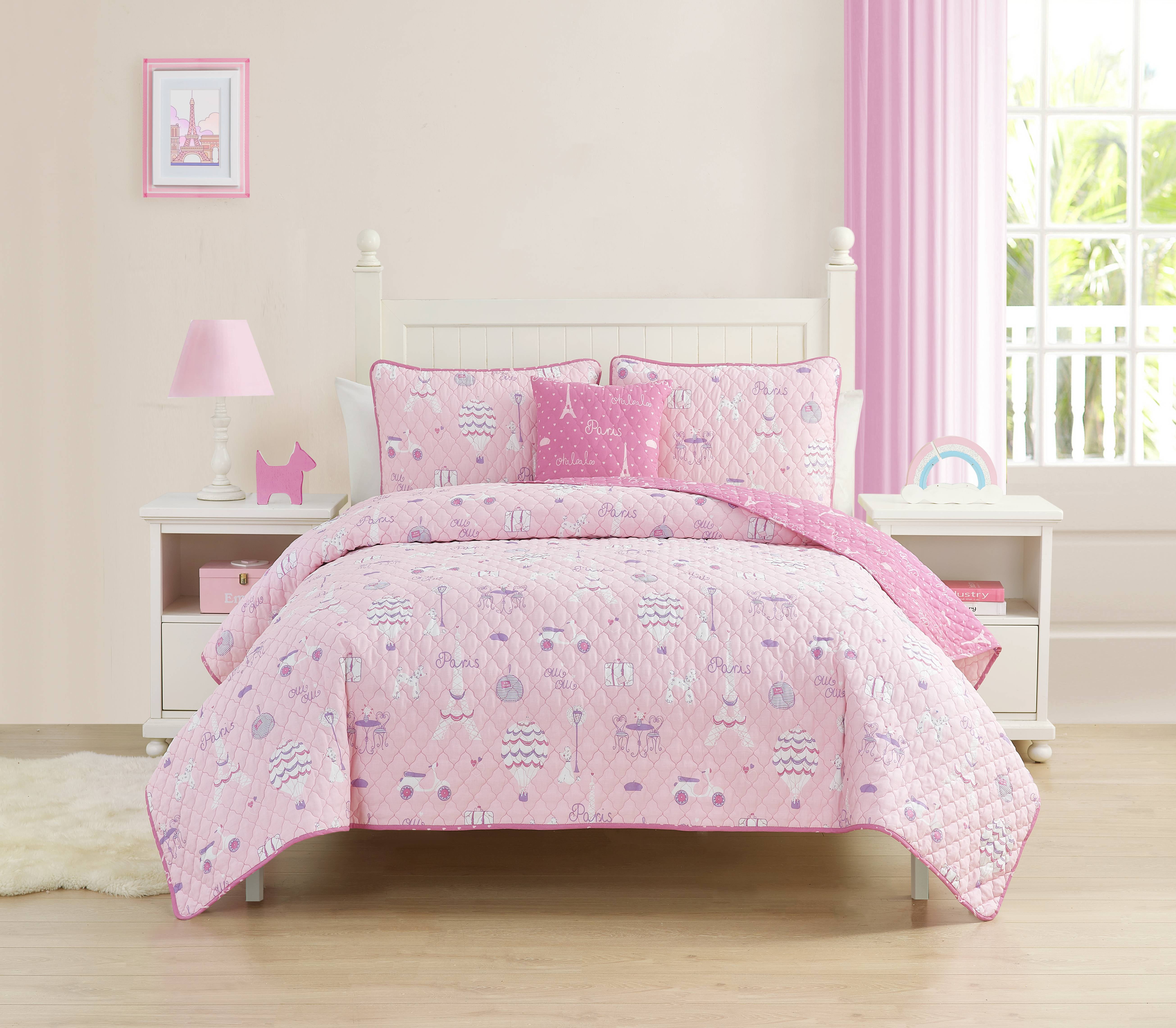 ALEX BELLA Dream of Paris Pink 4PC Cotton Quilt Bedding Set