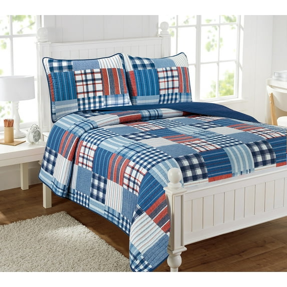 ALEX + BELLA Quilt Set, Hudson Plaid, Blue, Cotton/Polyester Fill Material, Twin, 2 Piece