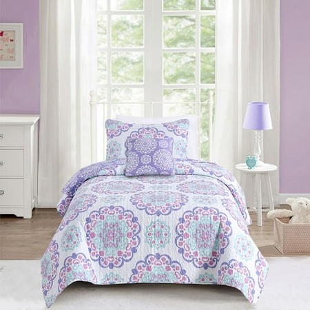 ALEX + BELLA Quilt Set, Vivian, Purple, Reversible, 100% Cotton, Cotton/Polyester Fill Material, Prewashed, Full, 4 Piece