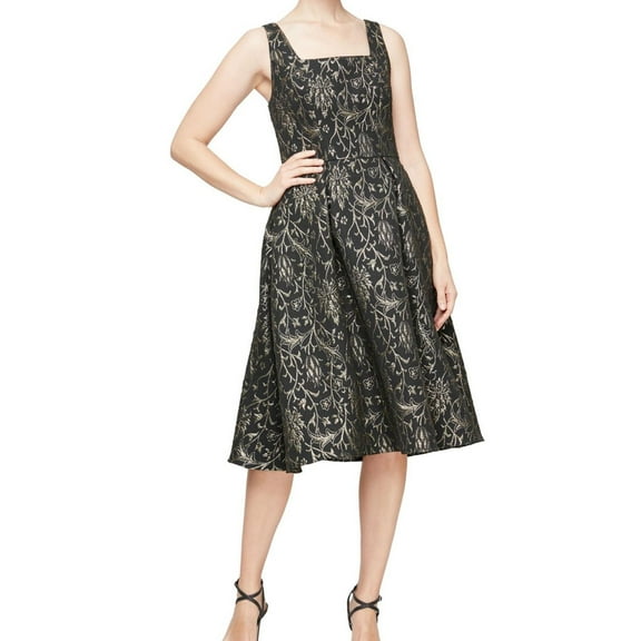 ALEX & EVE Womens Floral Square Neck Above-Knee A-line Dress, Metallic, 14