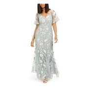 ALEX EVENINGS PETITE Womens Silver Embroidered Zippered Floral Flutter Sleeve V Neck Full-Length Evening Gown Dress Petites 4P