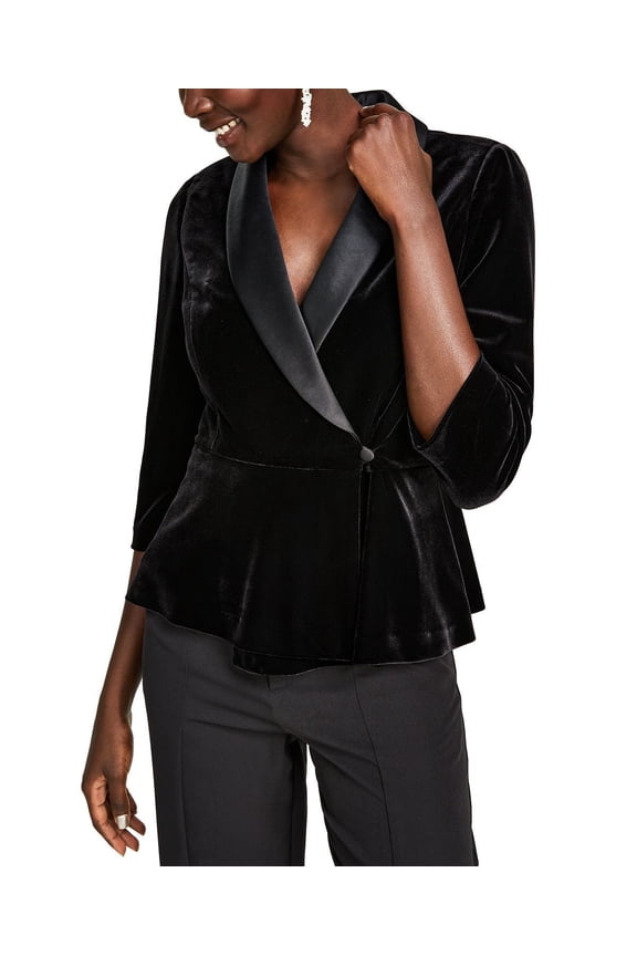 Women's Satin-Collar Velvet Peplum Top Black B4HP (Regular,S)