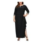 ALEX EVENINGS Womens Black Embellished Lined Cascade 3/4 Sleeve Keyhole Maxi Evening Gown Dress Plus 18W