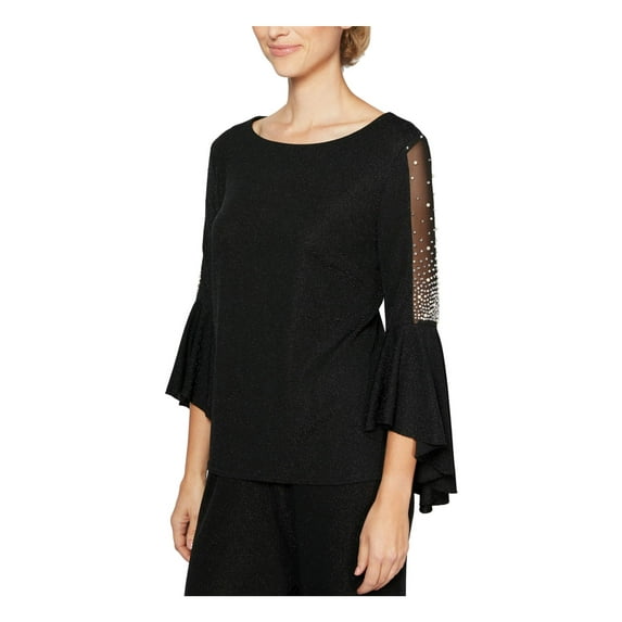 ALEX EVENINGS Womens Black Knit Metallic Beaded Bell 3/4-sleeves Boat Neck Evening Top Petites MP