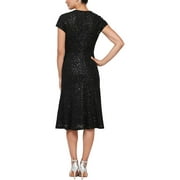 ALEX EVENINGS Womens Black Sequined Zippered Sheer Textured Lined Floral Cap Sleeve V Neck Midi Evening Fit + Flare Dress 8