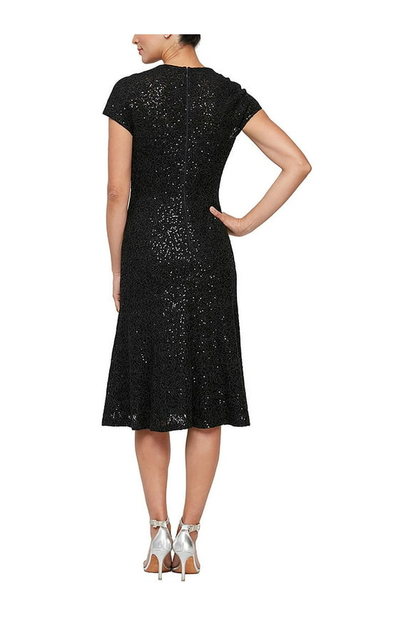 Womens Black Sequined Zippered Sheer Textured Lined Floral Cap Sleeve V Neck Midi Evening Fit + Flare Dress 8