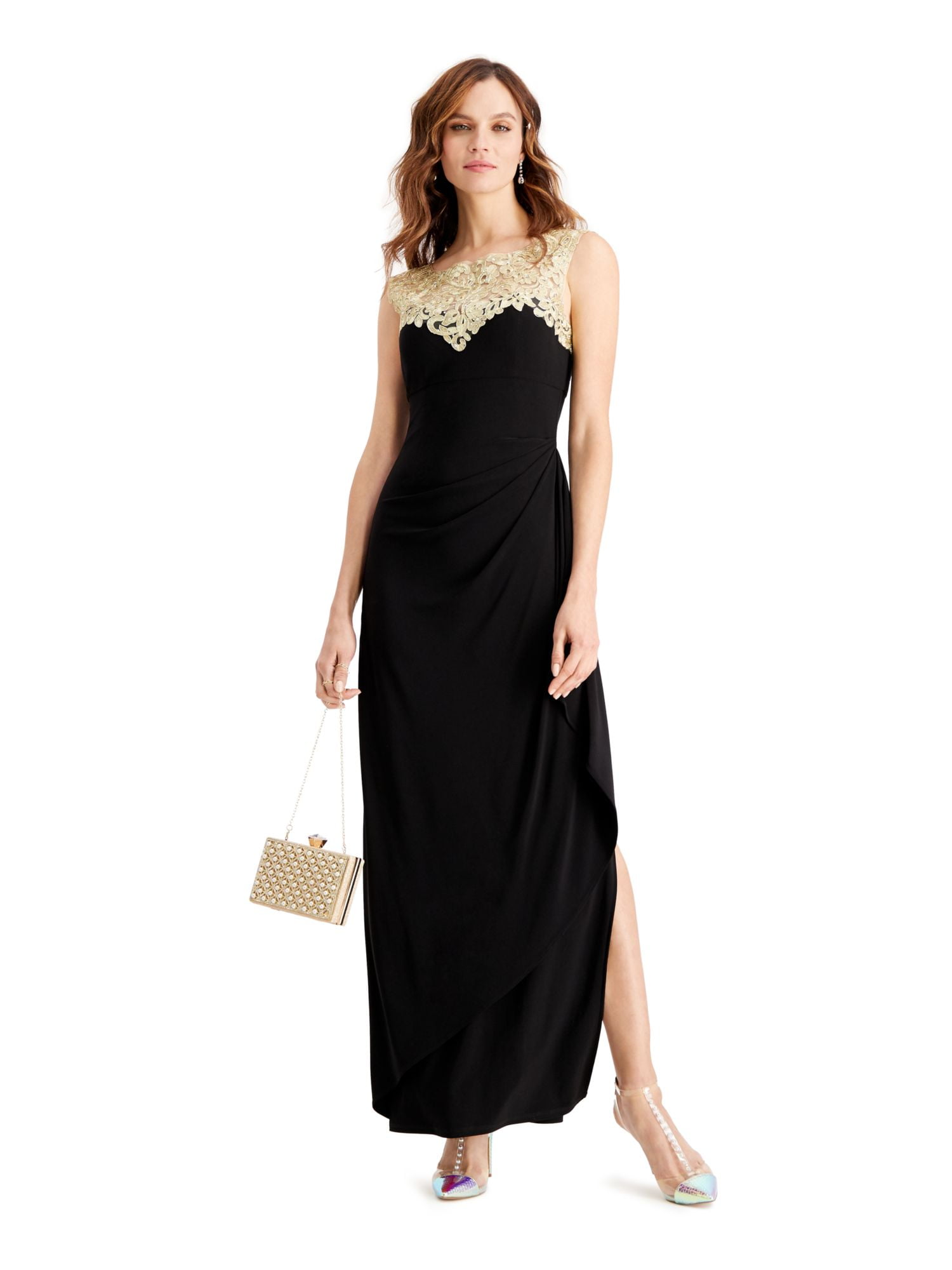 ALEX EVENINGS Womens Black Sleeveless Illusion Neckline Maxi
