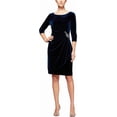 thumbnail image 1 of ALEX EVENINGS Womens Blue Stretch Pleated Ruched Beaded Embellishment Zippered 3/4 Sleeve Scoop Neck Knee Length Party Faux Wrap Dress, 1 of 3