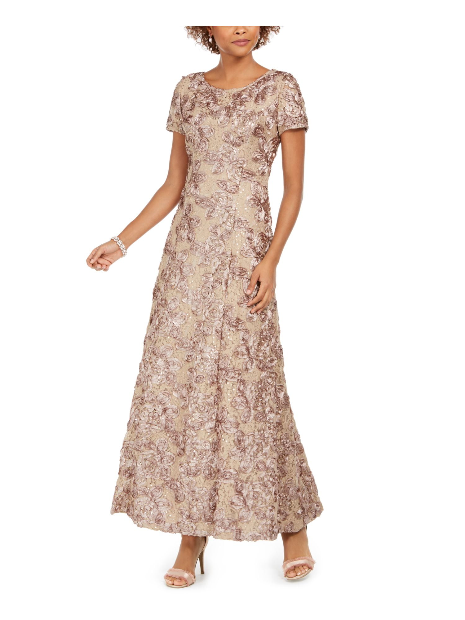 ALEX EVENINGS Womens Brown Stretch Embroidered Lace Zippered Sequined Floral  Short Sleeve Scoop Neck Maxi Formal Gown Dress 12