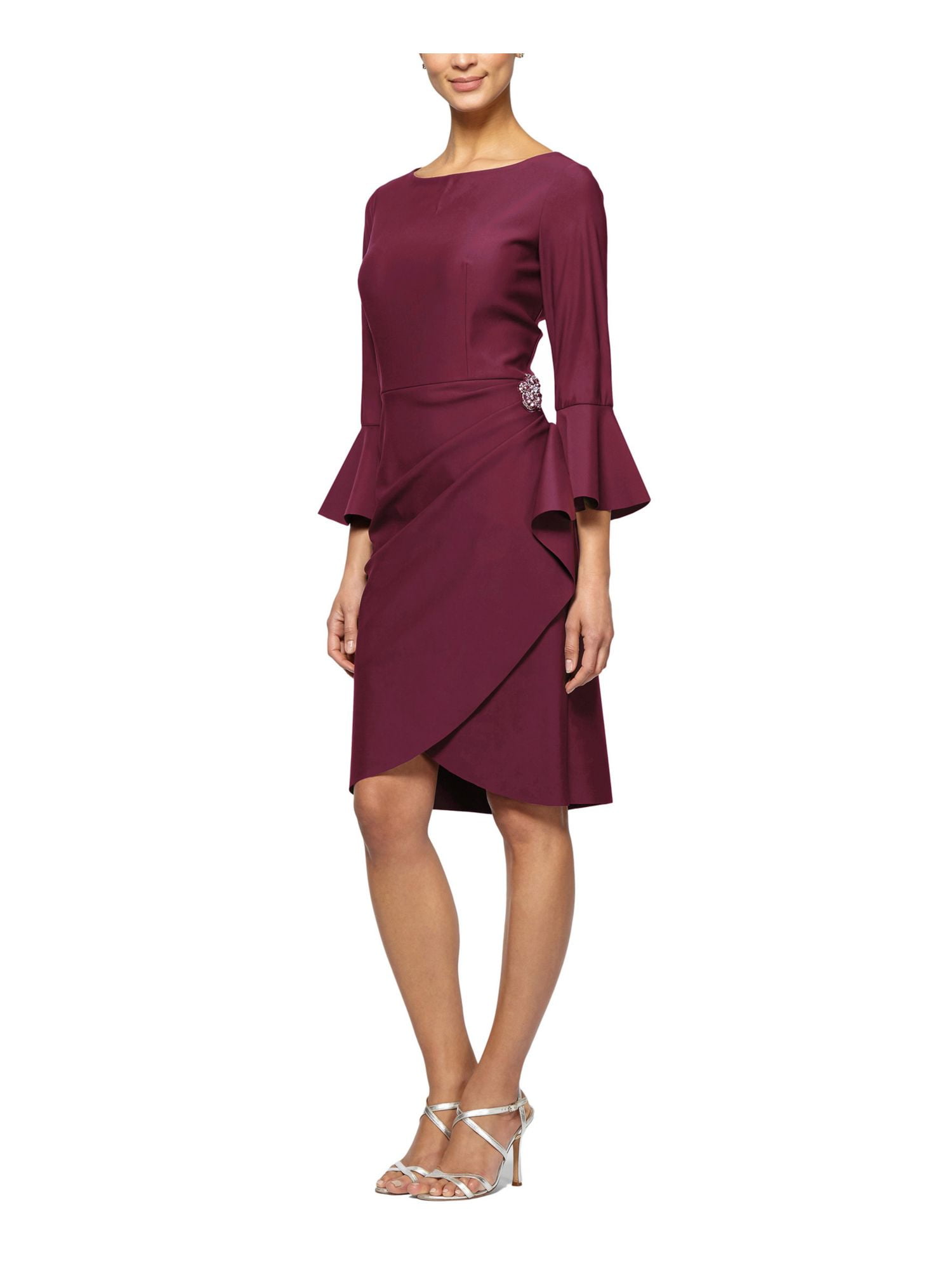 ALEX EVENINGS Womens Burgundy Rhinestone Embellished Bell Sleeve Jewel Neck Above The Knee Evening Wrap Dress 6