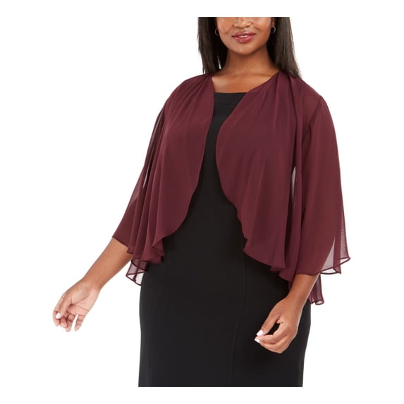 ALEX EVENINGS Womens Burgundy Sheer Open Front Evening Jacket Plus 1X
