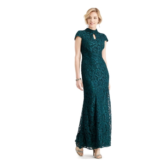 ALEX EVENINGS Womens Green Short Sleeve Full-Length Fit + Flare Formal Dress 14