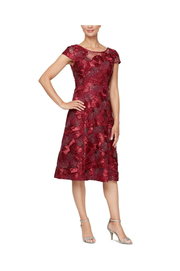 Womens Maroon Mesh Sequined Zippered Overlay Cap Sleeve Boat Neck Below The Knee Party Fit + Flare Dress 12