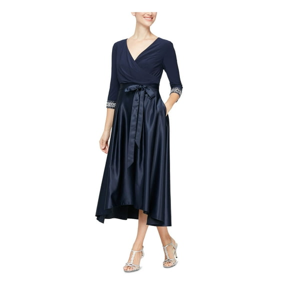 ALEX EVENINGS Womens Navy Beaded Zippered Ruched Tie Waist 3/4 Sleeve Surplice Neckline Midi Evening Hi-Lo Dress 14