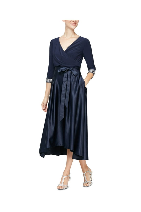 Womens Navy Beaded Zippered Ruched Tie Waist 3/4 Sleeve Surplice Neckline Midi Evening Hi-Lo Dress 14