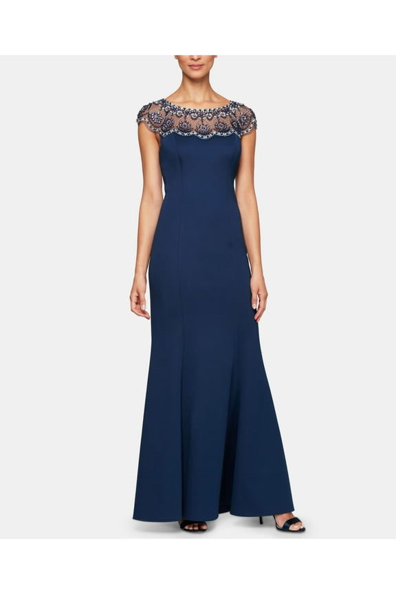 Womens Navy Embellished Zippered Lined Cap Sleeve Crew Neck Full-Length Evening Gown Dress 8