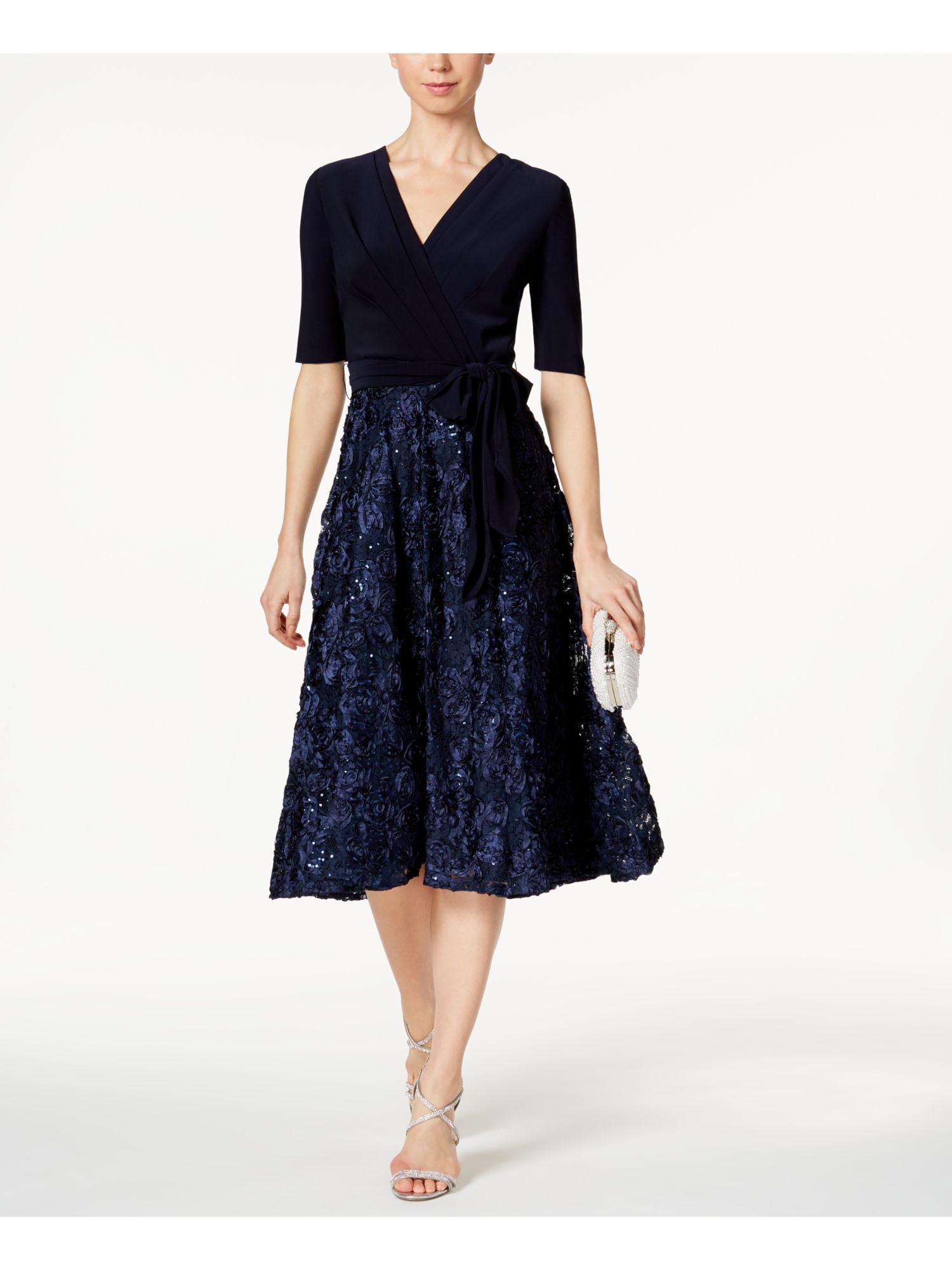 ALEX EVENINGS Womens Navy Embroidered Lace Tie 3/4 Sleeve Surplice Neckline Midi Evening Fit + Flare Dress Petites 16P