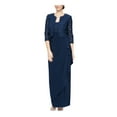 thumbnail image 1 of ALEX EVENINGS Womens Navy Lace Glitter Zippered 3/4 Sleeve Shoulder Pad Sleeveless Scoop Neck Full-Length Evening Gown Dress Petites 10P, 1 of 3