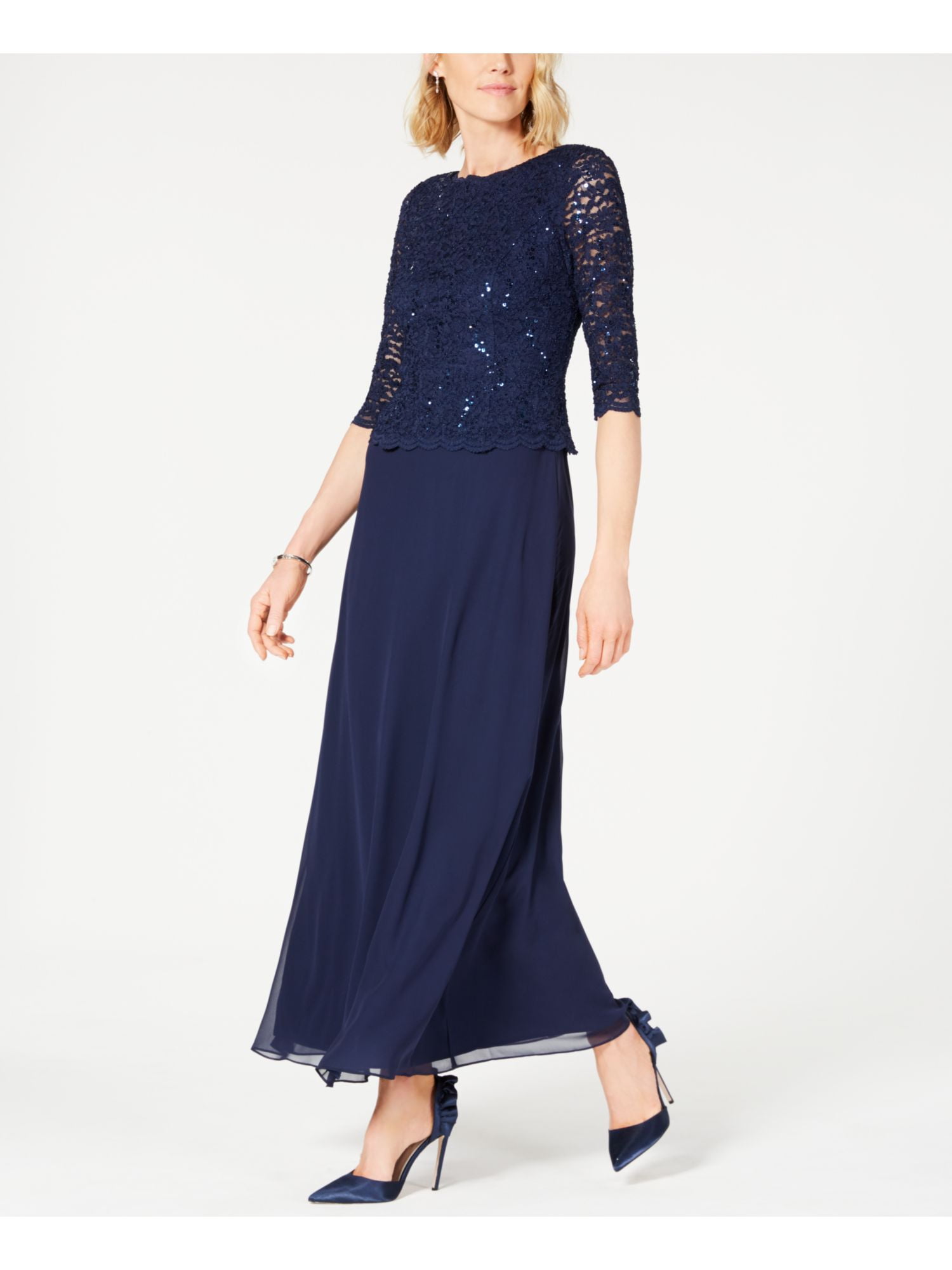 ALEX EVENINGS Womens Navy Lace Zippered Sequined Scalloped Lined Floral 3/4  Sleeve Crew Neck Full-Length Evening Gown Dress 16 - Walmart.com
