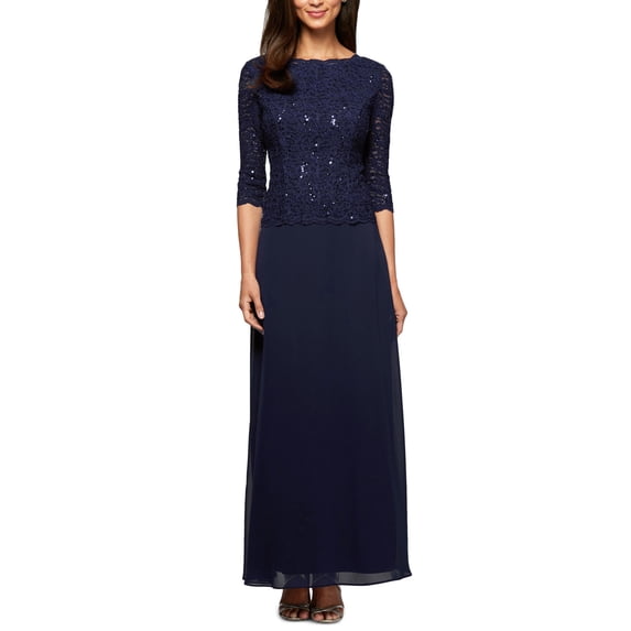 ALEX EVENINGS Womens Navy Lace Zippered Sequined Scalloped Lined Floral 3/4 Sleeve Crew Neck Full-Length Evening Gown Dress 6