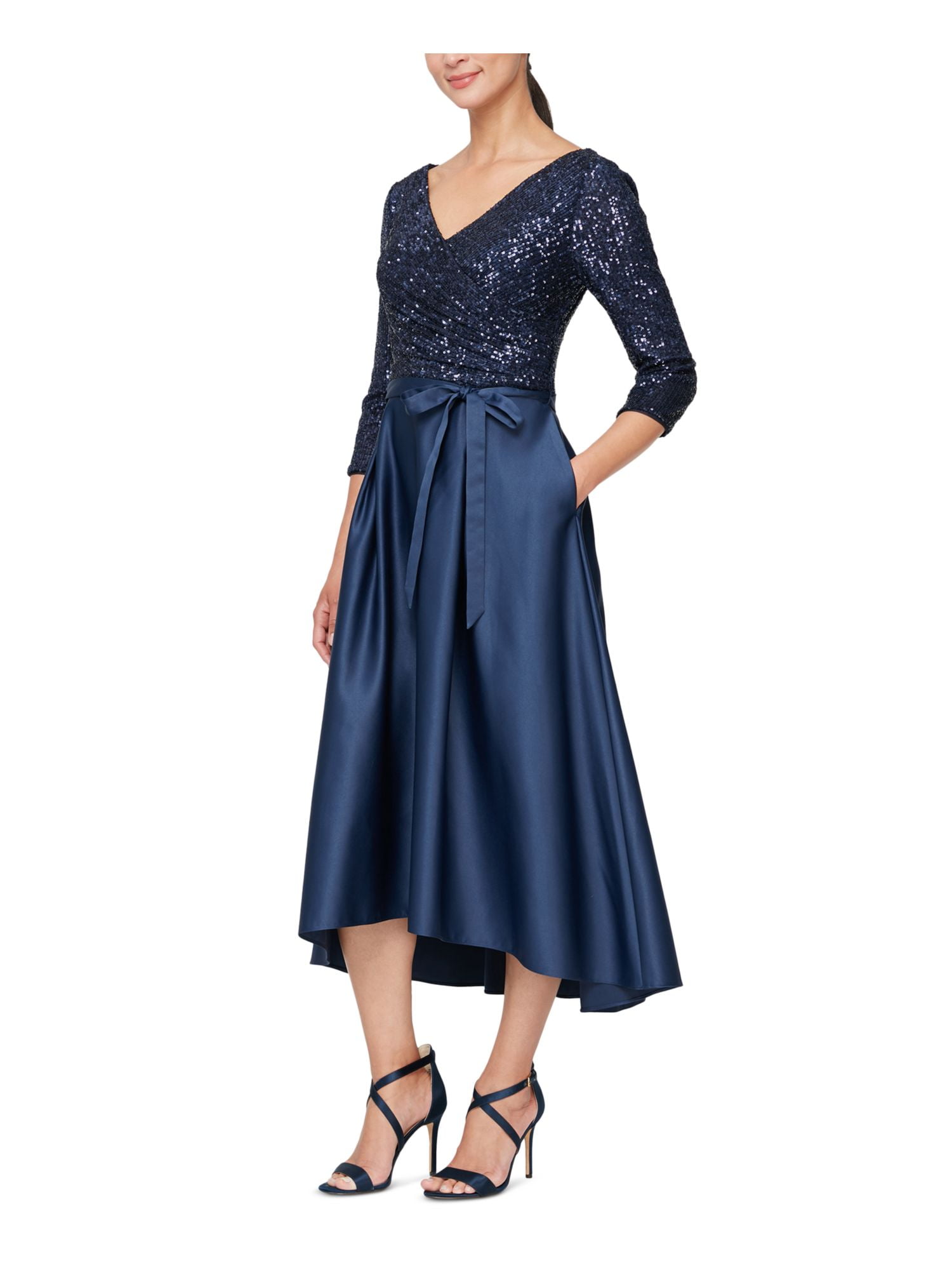 ALEX EVENINGS Womens Navy Sequined Zippered Self Tie Belt Satin 3/4 Sleeve  Surplice Neckline Tea-Length Evening Hi-Lo Dress 6 - Walmart.com
