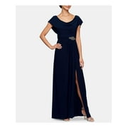 ALEX EVENINGS Womens Navy Stretch Embellished Ruched Zippered High Slit Open Back Flutter Sleeve Cowl Neck Full-Length Evening Gown Dress 14