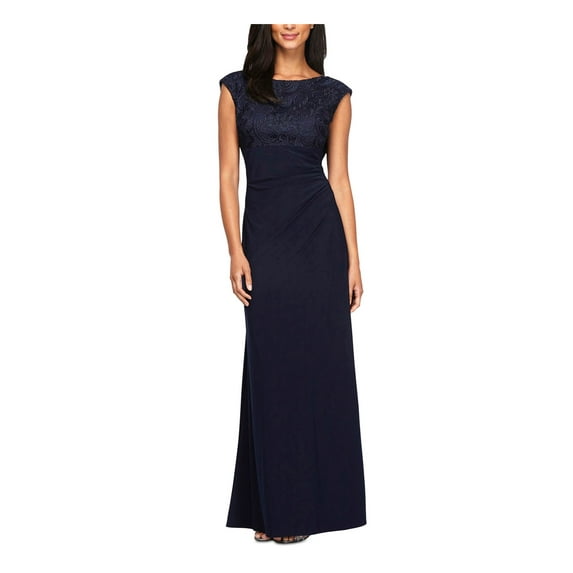 ALEX EVENINGS Womens Navy Zippered Lace Cowl Back Lined Gathered Floral Cap Sleeve Boat Neck Full-Length Evening Empire Waist Dress 10