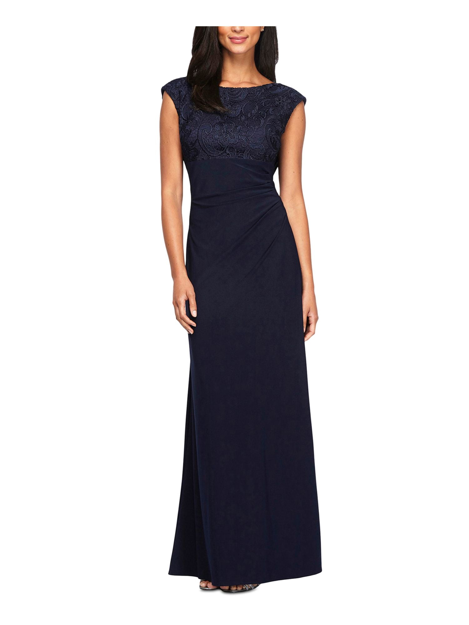 ALEX EVENINGS Womens Navy Zippered Lace Cowl Back Lined Gathered Floral Cap  Sleeve Boat Neck Full-Length Evening Empire Waist Dress 4 - Walmart.com