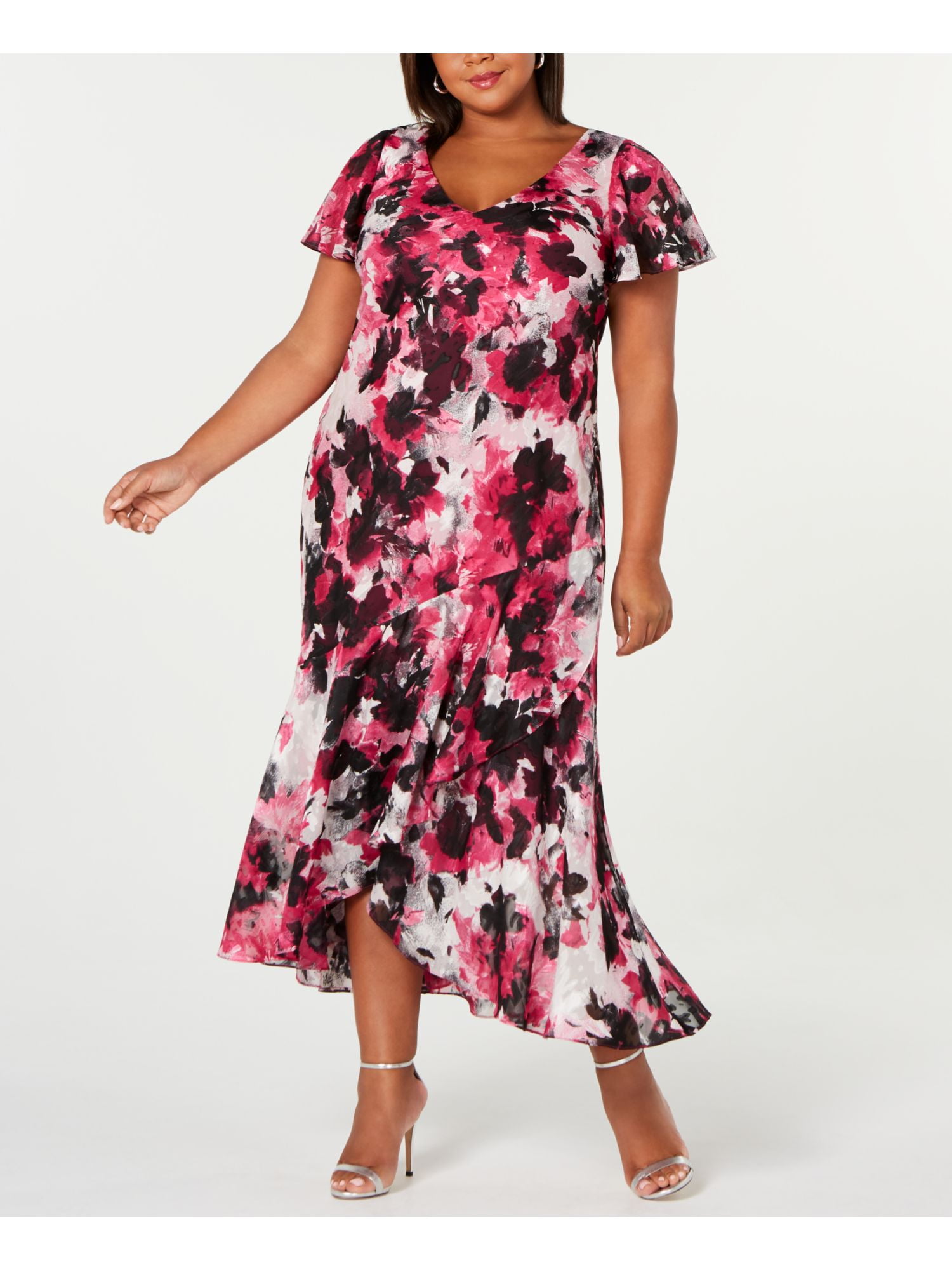 ALEX EVENINGS Womens Pink Floral Short Sleeve Maxi Hi-Lo Dress Plus Size: 14W