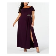 ALEX EVENINGS Womens Purple Embellished Pleated Gown Short Sleeve Cowl Neck Maxi Formal Shift Dress Plus 18W
